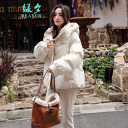 綠夕（REAXUR）短款羽絨服女2025新款冬季女裝韓版小個(gè)子寬松時(shí)尚洋氣女款學(xué)院風(fēng) 米白色. S (建議80斤-120斤)