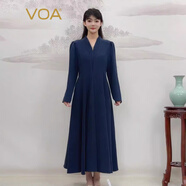 VOA51姆米真絲重磅藏青V領(lǐng)收腰大擺側(cè)插口袋顯瘦長(zhǎng)袖連衣裙 AE2326-2 淡墨青衫（Q01） M