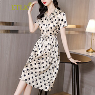 ETLK2025夏季新款時(shí)尚氣質(zhì)波點(diǎn)真絲女連衣裙收腰顯瘦遮肚印花中長(zhǎng)裙子 波點(diǎn) L （105-115斤）