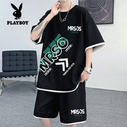 花花公子（PLAYBOY）假兩件短袖T恤男套裝2024夏季新款短褲潮流兩件套休閑家居服裝薄 黑色一整套 L