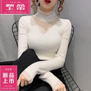 皮爾卡丹（pierre cardin）針織打底衫半高領(lǐng)蕾絲拼接鏤空毛衣女秋冬新款洋氣修身內(nèi)搭女 米白 M
