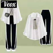 VEOX2025春秋季套裝女韓版寬松長袖襯衫+吊帶高腰闊腿牛仔褲三件套 白襯衫+吊帶黑白褲三件套 915# S 建議70-95斤