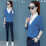 呦魅加絨長(cháng)袖假兩件T恤女2021年春秋季新款條紋拼接上衣服時(shí)尚打底 藍色【純白領(lǐng)】 XL 115-125