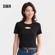 森馬（Semir）【夏日T恤合輯】短袖T恤女中長(cháng)款滿(mǎn)印夏印花落肩上衣寬松顯瘦潮流 F款性感鏤空-黑色90001 170/92A/XL