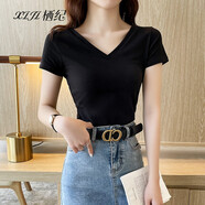 棲紀 t恤女短袖夏季韓版雙v領(lǐng)露背修身顯瘦百搭打底上衣 黑色 XL  建議(112-125斤)