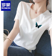 羅蒙（ROMON）品牌絲光棉短袖t恤女夏季新款女裝純棉寬松V領(lǐng)上衣雞心領(lǐng)體恤 高端品牌白色V(印花 藍(lán)蝴蝶)+高檔品牌 2XL