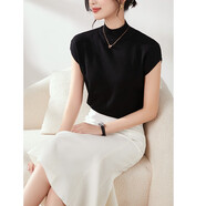 海青藍(lán)（CYANINE SEA）2023年早秋新款女裝時(shí)尚百搭款套頭純色毛針織衫簡(jiǎn)約短袖打底上衣 黑色 均碼（80斤-125斤）