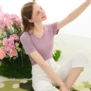 lagogo黑色法式V領(lǐng)垂順T恤女拉谷谷夏季新款氣質(zhì)簡約通勤短袖上衣 紫色(Q1) L