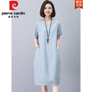 皮爾卡丹（pierre cardin）中年媽M夏裝棉麻連衣裙女2025夏季新款高端氣質(zhì)寬松顯瘦亞麻裙子 淺藍色【夏季新款顯白連衣裙】 XL 【120-140斤】