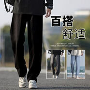 至濤 褲子男夏季牛仔褲直筒寬松薄款復古闊腿美式高街復古休閑長褲子 黑（松緊抽繩） XL ( 建議110-130斤可穿 )