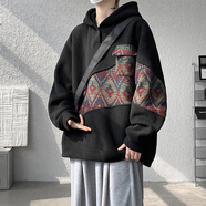 主意范胖子大碼衛(wèi)衣男春秋冬季國潮連帽字母印花衛(wèi)衣男學生寬松外套上衣 A059-WY10096黑色搖粒絨 M 90-110斤