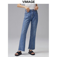 緯漫紀（VIMAGE）女裝秋季新款休閑復古時尚百搭顯瘦微喇牛仔褲女VC2105210 經(jīng)典藍37 L (3)