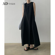 ADVSUS官方品質(zhì)2023夏季日韓chic休閑簡約寬松大擺無袖長款棉麻連衣裙 黑色 均碼