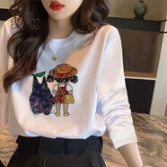 SOVK女裝正肩長袖t恤女2025春季新款純棉早秋白色打底衫薄款修身上衣 白色【草帽女孩】僅有：29件 M -長袖【精梳棉】