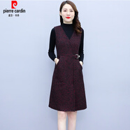 皮爾卡丹（pierre cardin）毛呢V領(lǐng)背心收腰條紋馬甲連衣裙氣質(zhì)打底顯瘦兩裝女秋冬 酒紅裙+黑毛衣 XL 115-125斤