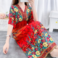 棉綢連衣裙夏時尚外穿棉綢連衣裙年輕款棉綢連衣裙女夏蝙蝠袖高腰顯瘦民族風印花綿綢長款裙 N13花開底紅 XL 建議110-120斤