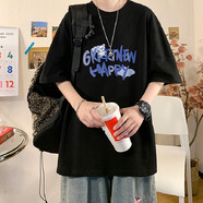 嘉曄男士短袖t恤男女學(xué)生五分袖T恤大碼半袖男情侶衣服上衣 K18802黑色 2XL