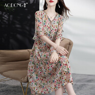 傲冬（AODOnG）新款真絲連衣裙女時(shí)尚荷葉袖桑蠶絲印花雙縐甜美流行洋氣裙子夏季 紅花  M（建議110斤以內(nèi)）