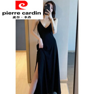 皮爾卡丹（pierre cardin）夏天高個子落地連衣裙女新款高級感大尺碼黑色吊帶長裙到腳踝超長 黑色 2XL