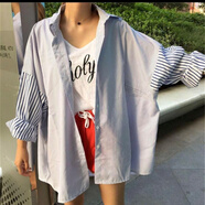 KAHTOP2025春秋新款原宿風(fēng)中長(cháng)款開(kāi)衫韓版寬松蝙蝠袖拼接條紋襯衫GGF 黑色 S 【80-99斤左右】
