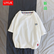 UYUK大碼亞麻短袖T恤男潮牌潮流夏季寬松刺繡男士半袖大碼五分袖色衣服 T126白色 S