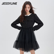 Jessy line冬季專柜款 杰茜萊黑色拼接收腰連衣裙 342111038 黑色 XS
