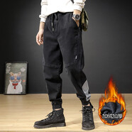 古先森束腳牛仔褲男寬松秋冬季加絨哈倫褲男士束腳褲男休閑彈力長(cháng)褲子男 黑色加絨 L (體重130-150斤)