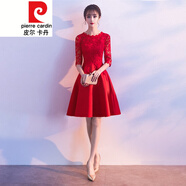 皮爾卡丹結婚敬酒服新娘晚禮服平時(shí)可穿2021酒紅色孕婦連衣裙小個(gè)子女針織 大紅色 短款 S