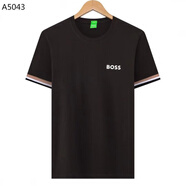 BOSST恤男2025夏季款雨果男士休閑前后幅印花條紋圓領(lǐng)polo百搭潮牌 深棕色 M