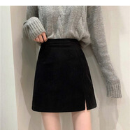 嵐玘黑色春秋裙子女半身裙新款2024短裙包臀裙a字裙冬裙小個子燈芯絨 【黑色】燈芯絨開叉短裙 L 【建議體重約109-120斤】