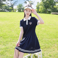 方糖姑娘學院風少女連衣裙初中生夏裝休閑運動高中學生polo裙中長款百褶裙 83116SC藏青色 XL