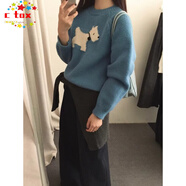 CTOX慵懶風(fēng)提花套頭卡通小狗毛衣女秋冬韓國(guó)寬松針織衫灰色上衣 霧藍(lán)色 S 75-90斤
