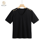 酷梵?。↘UFANXI）絲光棉短袖T恤女高品質(zhì)輕奢級修身款時尚百搭V領(lǐng)純棉廠家直供 黑色 L