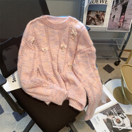 蕓玫兒（yunmeier）針織衫女2023年秋冬季裝新款毛衣軟糯溫柔毛衣女甜美文藝針織慵懶 粉紅色 S【建議80-100斤】