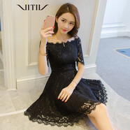 VITIV 香港潮牌斷碼女裝 平時(shí)可穿蕾絲露背高腰顯瘦禮服名媛鏤空連衣裙 黑色五分袖 M