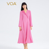 VOA真絲提花22姆米不對(duì)稱塔克褶V領(lǐng)設(shè)計(jì)側(cè)插口袋長(zhǎng)袖公主裙 AE2368 煙花粉黛（F79） S