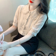 香愛蜜 短袖襯衫女2025春夏新款蕾絲雪紡衫女韓版上衣溫柔小衫雪紡衫女 杏色 S