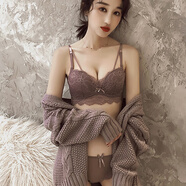 KJ內(nèi)衣少女性感蕾絲深V小胸罩聚攏顯大調(diào)整型無(wú)鋼圈文胸內(nèi)褲套裝女 煙熏紫 34/75A-B