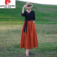 皮爾卡丹（pierre cardin）民族風(fēng)棉麻V領(lǐng)連衣裙女收腰系帶撞色亞麻大擺裙 桔紅色 M【95-115斤】