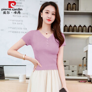 皮爾卡丹（pierre cardin）小個子冰絲針織衫短袖V領上衣女夏季內搭女士毛衣短款打底衫薄款 淺紫色【V】 S