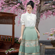智立冠織金馬面裙2024夏季改良漢服女明制漢元素國風(fēng)日常刺繡提花套裝 短袖白色襯衫 2XL