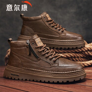 意爾康馬丁靴男秋冬新品雪地靴英倫休閑皮靴百搭復(fù)古潮流工裝加絨棉鞋男 756栗棕 40
