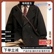舉風oversize復古毛呢大衣男短款秋冬款雙排扣潮胖人寬松痞帥外套男 J554黑色 M 【90-110斤】可穿