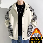閱鄉(xiāng)胖子日系小香風(fēng)毛呢外套男大碼休閑痞帥工裝上衣秋季潮牌呢子夾克 50米白色加絨款 M 90-120斤可穿
