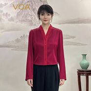 VOA100%桑蠶絲雙素緞酒紅V領(lǐng)長袖單排扣時尚百搭小香風短外套WE296-2 浮紅流丹（H7） M