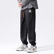 MR—90官方潮牌休閑褲男女同款格子休閑長(cháng)褲束腳小腳秋冬加絨保暖褲子 51018黑色 L（建議125-140斤）