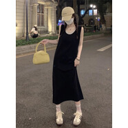 風(fēng)采兔 假兩件撞色條紋背心連衣裙女夏季寬松顯瘦休閑無袖針織長款裙子 黑色 均碼