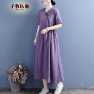 子牧棉麻夏裝 女復(fù)古百搭V領(lǐng)繡花中長(zhǎng)款短袖連衣裙0305 紫色  L(建議105-115斤)