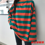 瑪菲萱春季ins韓版寬松條紋中長(cháng)款長(cháng)袖t恤女學(xué)生原宿bf風(fēng)上衣服秋衣外穿 062*綠橘條紋 2XL 建議126-140