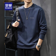 羅蒙（ROMON）T恤秋季重磅簡(jiǎn)約純色長(cháng)袖男寬松潮流大碼休閑修身衛衣圓領(lǐng)打底衫 藏青色 L 合適體重130-150斤